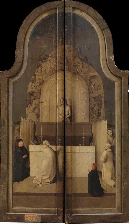 Messe de Saint Grgoire au revers des volets du triptyque de l’Adoration des mages (v. 1510), huile sur panneau bois traite en grisaille, panneau central: 146,7 x 84 cm, volet: 146,7 x 42 cm, sign dans le coin infrieur gauche, Muse du Prado, Madrid - Espagne