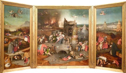 Triptyque de la Temptation de saint Antoine (vers 1500), huile sur panneau bois, panneau central: 131,5 x 119 cm, volet: 131,5 x 53 cm, sign en bas  gauche du panneau central: jheronimus bosch, Museu Nacional de Arte Antiga, Lisbonne - Portugal