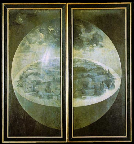 La Cration du Monde au revers des volets du triptyque du Jardin des dlices (vers 1503), huile sur panneau bois, grisaille (ombrages de gris et de brun), volet: 2,20 x 97 cm, Muse du prado, Madrid - Espagne