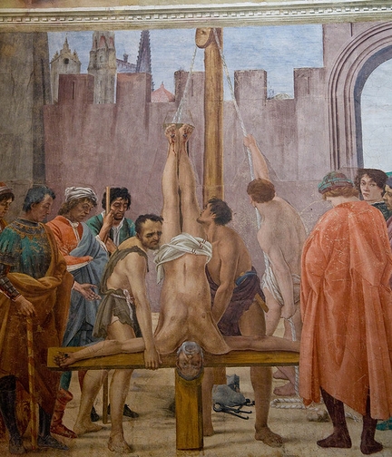 Crucifixion de saint Pierre (1480-1485), fresque, mur droit, chapelle Brancacci, glise Santa Maria del Carmine, Florence Italie
