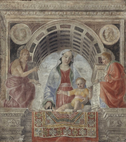 Vierge  l'Enfant avec saint Jean Baptiste et saint Jean l'vangeliste dite La Madone au tapis (1485), fresque transfre sur toile, 170 x 190 cm, Pinacothque de Brera, Milan - Italie (Restauration en 1992-1993 par Pinin Brambilla Barcilon)