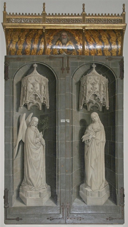 L'Ange et la Vierge de l'Annonciation au revers des volets du tripyque du Buisson ardent (vers 1475), grisaille sur toile de lin recouverte d'une prparation  base de gypse (gesso), colle sur des plances de peuplier, 312 x 106 cm et 311 x 111 cm, cathdrale Saint-Sauveur, Aix-en-Provence - France