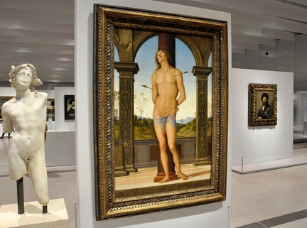 Saint Sebastien (1495), huile sur bois, 176 x 116 cm, muse du Louvre - Paris - L'inscription en latin SAGITTAE. TUAE.INFIXAE. SUNT. MICHI est tire du psaume 37: Tes flches se sont abattues sur moi.