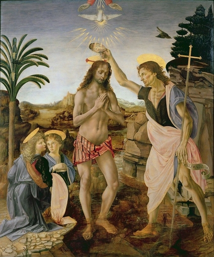 Le Baptme du Christ, tableau commenc par Andrea del Verrocchio et achev par Lonard de Vinci (entre 1472 et 1475), huile et dtrempe sur panneau bois, 177 x 151 cm, Galerie des Offices, Florence - Italie