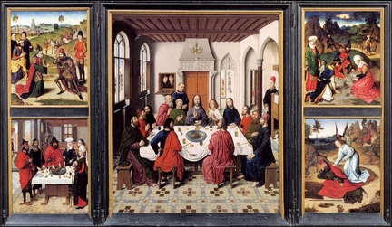 La Cne, triptyque du Saint Sacrement (1464-1468), peinture sur panneau bois, 182 x 152 cm (panneau central), 88,5 x 71,5 cm (panneaux latraux), glise Saint-Pierre, Louvain - Belgique
