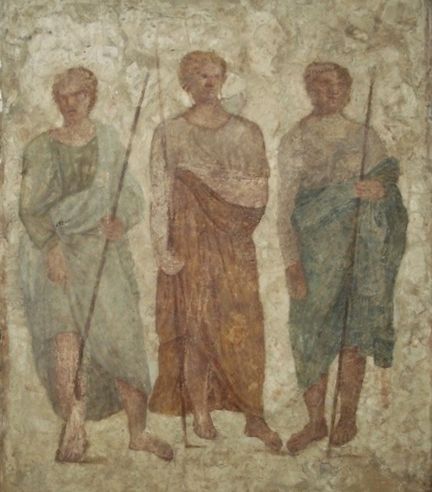 Trois hommes arms de lances - Fragment d’enduit peint, 91,5 cm x 74,4 cm - Louvre