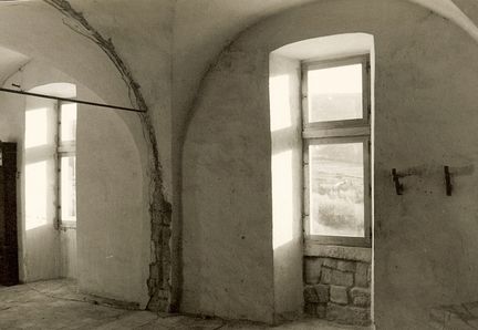 Abbaye Saint-Hilaire, monument historique class des XIIe et XIIIe sicles, premier btiment conventuel carme (XIIIe sicle) du Comtat Venaissin (1274-1791) - Mnerbes - Vaucluse - Mur sud de la salle capitulaire - 1980