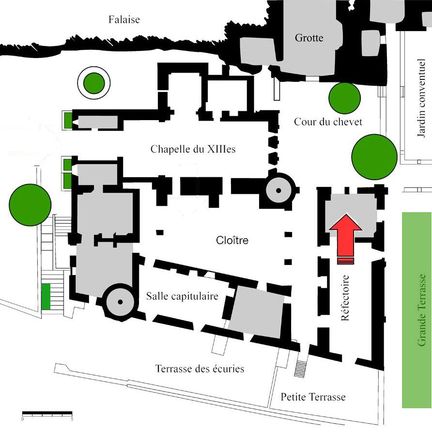 Abbaye Saint-Hilaire, monument historique class des XIIe et XIIIe sicles, premier btiment conventuel carme (XIIIe sicle) du Comtat Venaissin (1274-1791) - Mnerbes - Vaucluse - Plan de la cuisine