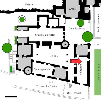 Abbaye Saint-Hilaire, monument historique class des XIIe et XIIIe sicles, premier btiment conventuel carme (XIIIe sicle) du Comtat Venaissin (1274-1791) - Mnerbes - Vaucluse - Plan du rfectoire