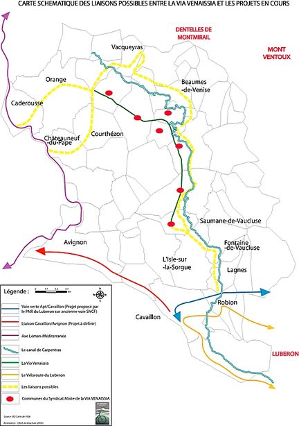 Carte schmatique des liaisons possibles de type Voie Verte entre la Via Venaissia et les projets en cours